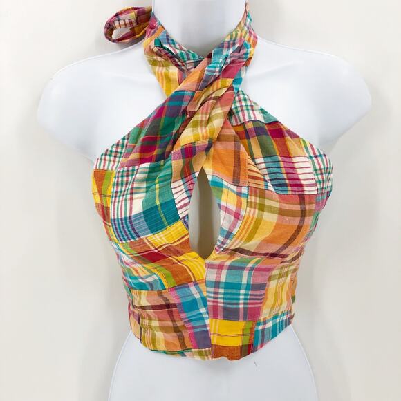 Staud x Birkenstock Womens Kai Halter Top 4 Yellow Madras Patchwork Plaid NWOT - Picture 4 of 11